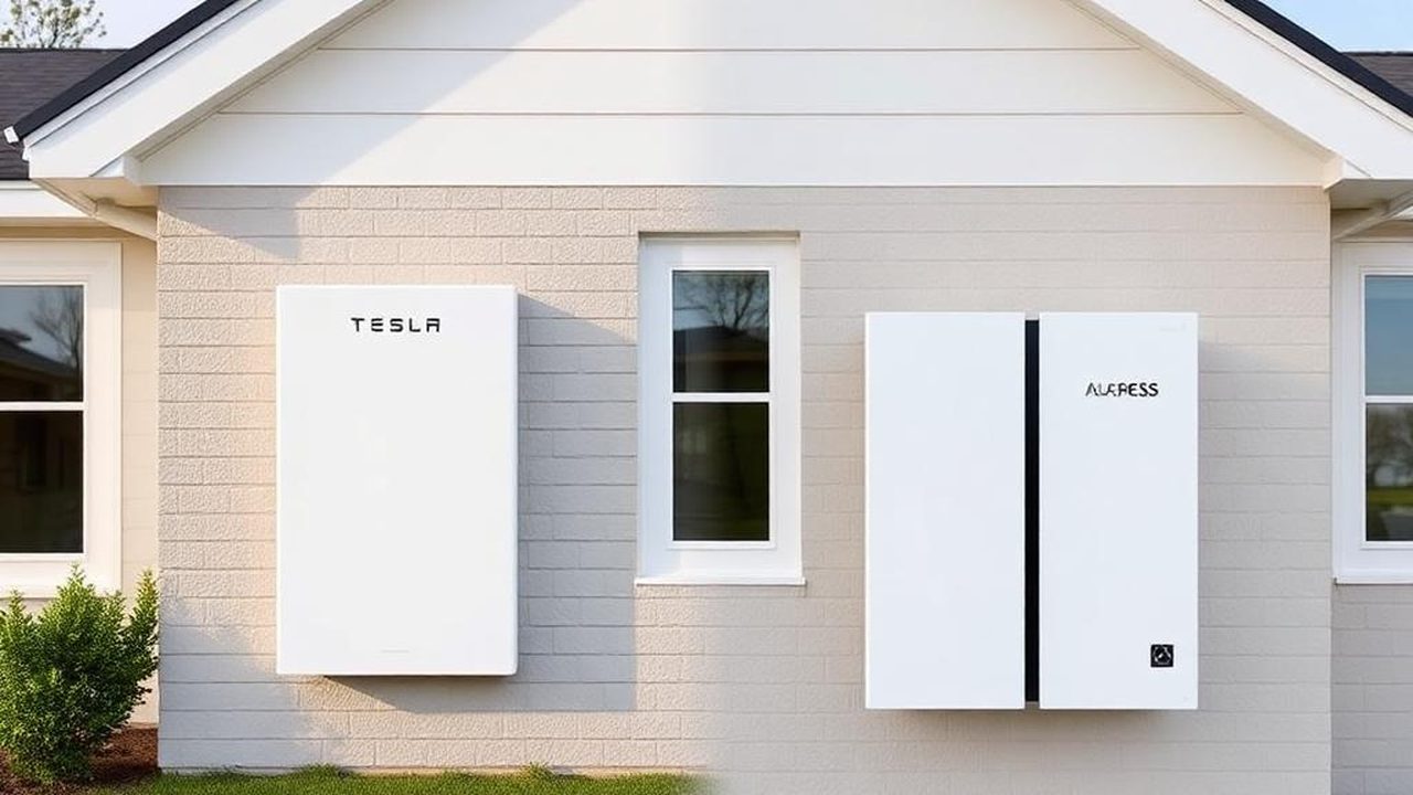 Tesla Powerwall en AlphaESS thuisbatterij naast elkaar aan een gevel ter vergelijking — De 5 beste thuisbatterijen van 2026 vergeleken