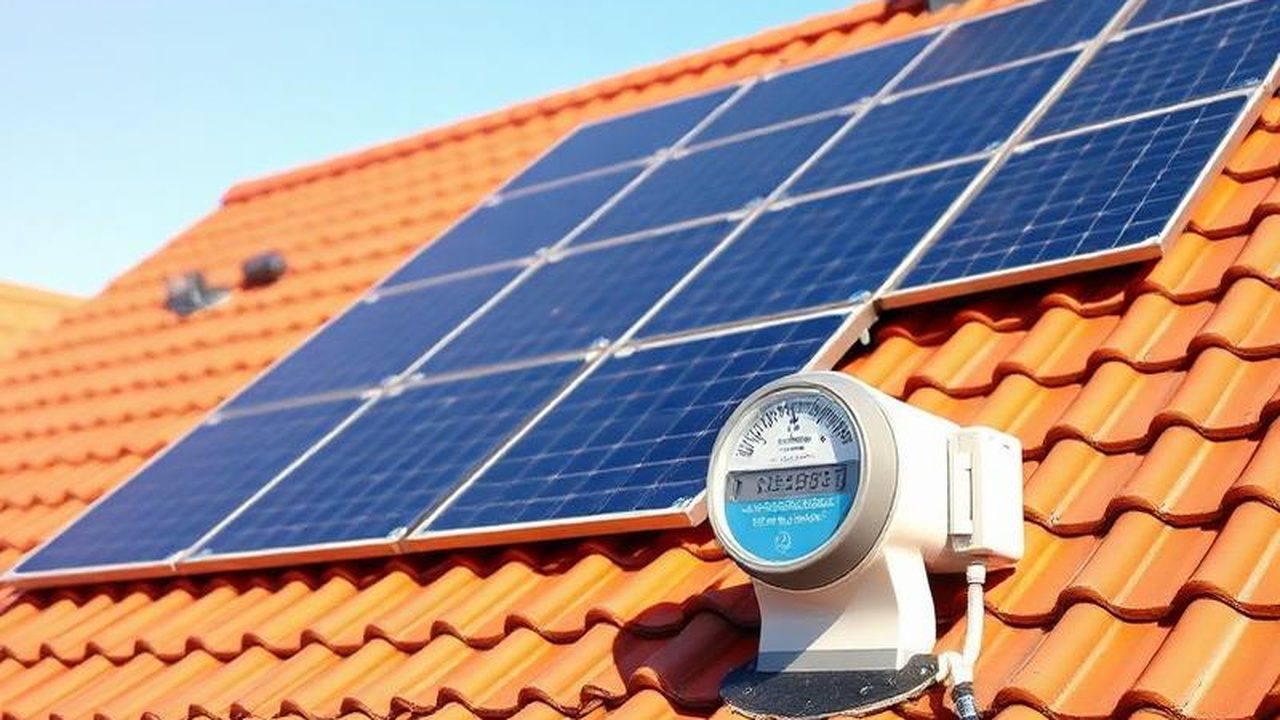 Zonnepanelen op een pannendak met een energiemeter, symbool voor de salderingsregeling — Salderingsregeling en thuisbatterij in 2026