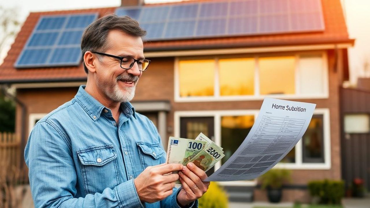 Huiseigenaar met subsidiebrief en geld voor een woning met zonnepanelen — Alle subsidies voor verduurzaming in 2026