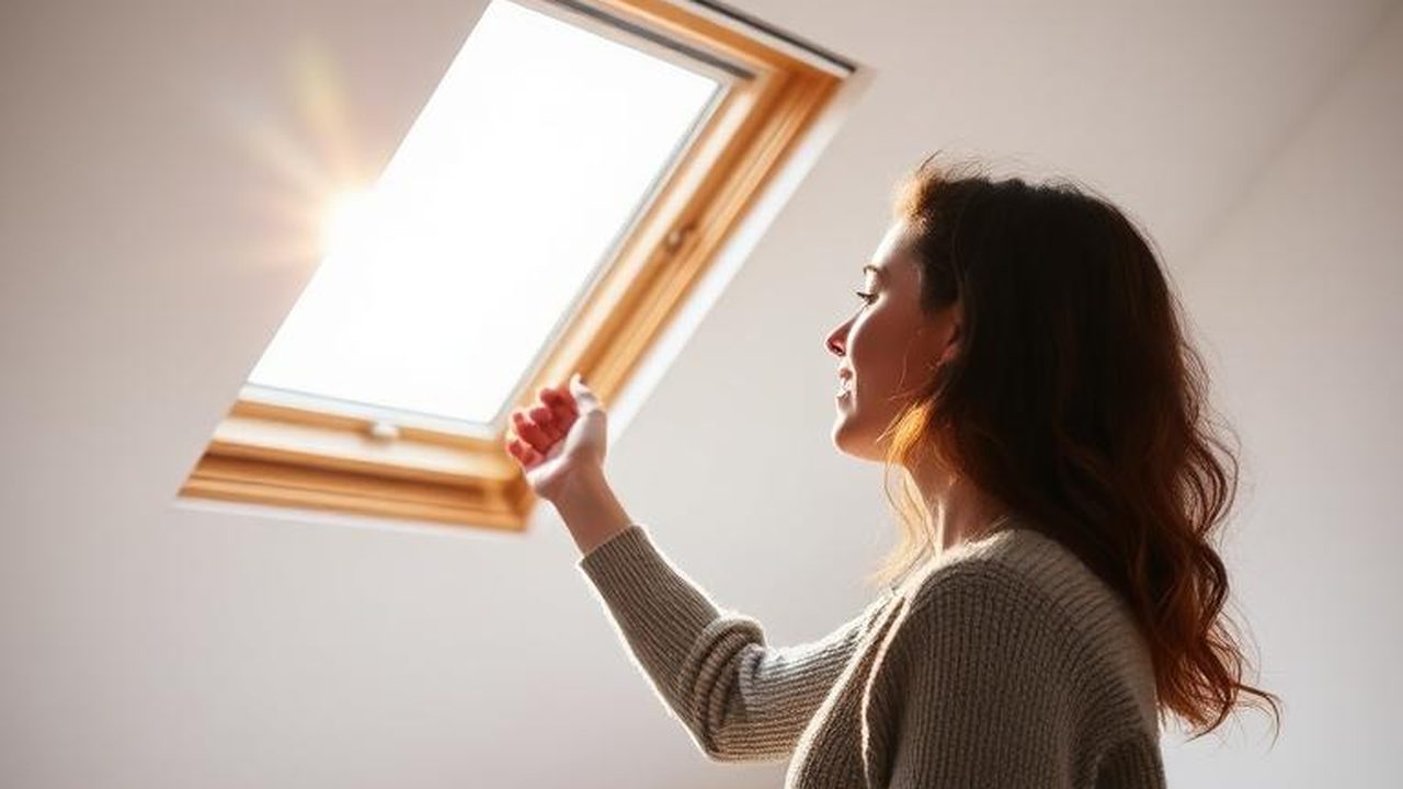 Bewoonster opent en controleert een houten VELUX dakraam onder een schuin dak — VELUX dakraam onderhoud: zo gaat uw raam 30+ jaar mee