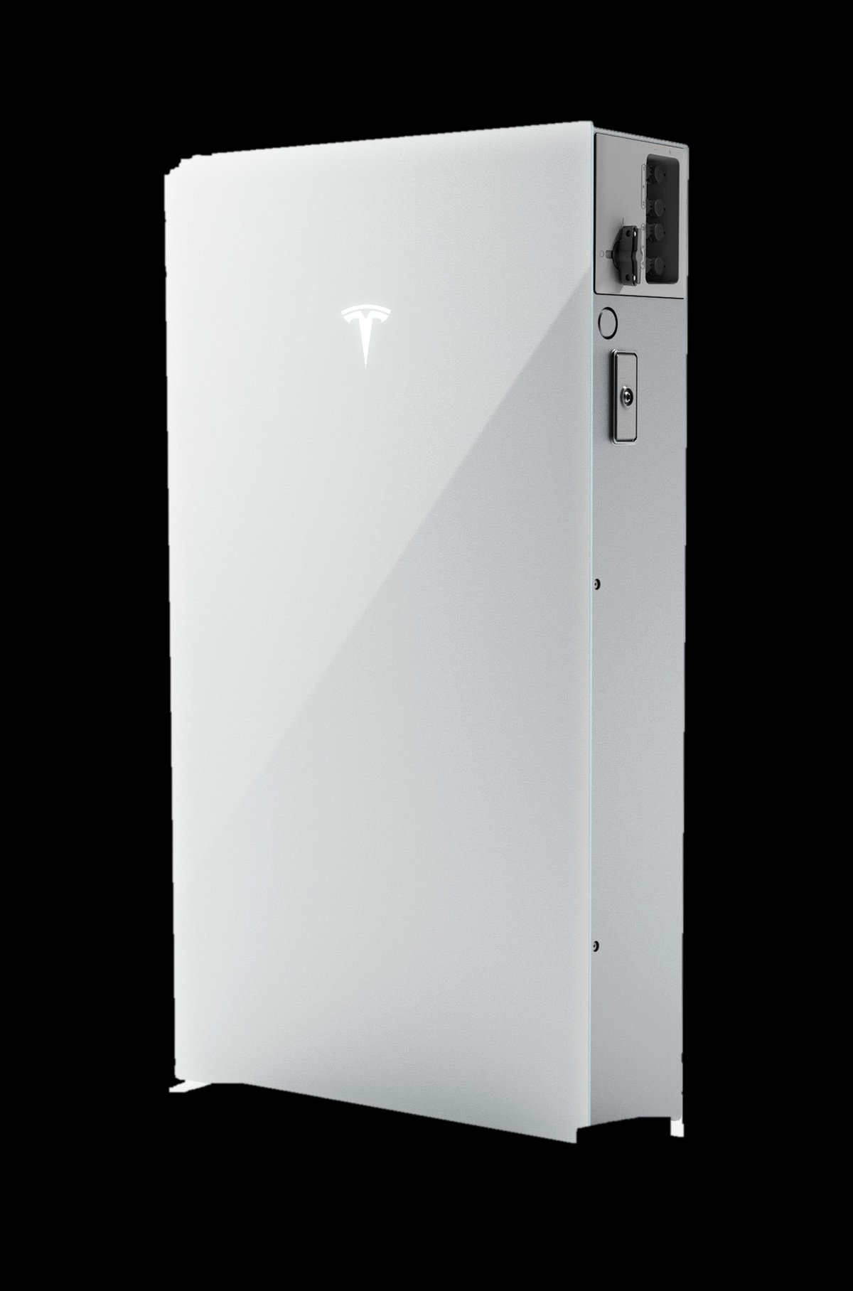 Tesla Powerwall 3P thuisbatterij, officiële productfoto op een zwarte achtergrond